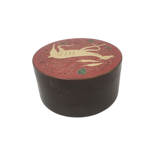 Vintage Christmas Brass Enamel Cloisonne Trinket Stash Box Intricate Deer Design - Picture 3 of 7